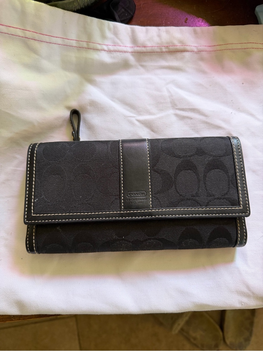 COACH Black Signature Canvas &Leather Checkbook Wallet with Contrast Stitching